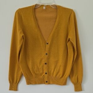 Women's Lapis Mustard Yellow V Neck Button Front Long Sleeves Cardigan Size M